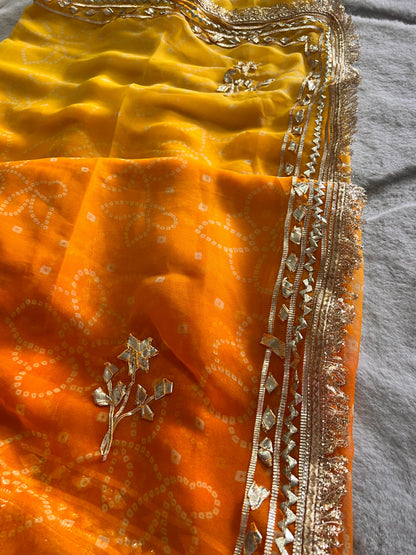 Yellow Shaded Bandhini Gota Designer Saree with Running Blouse