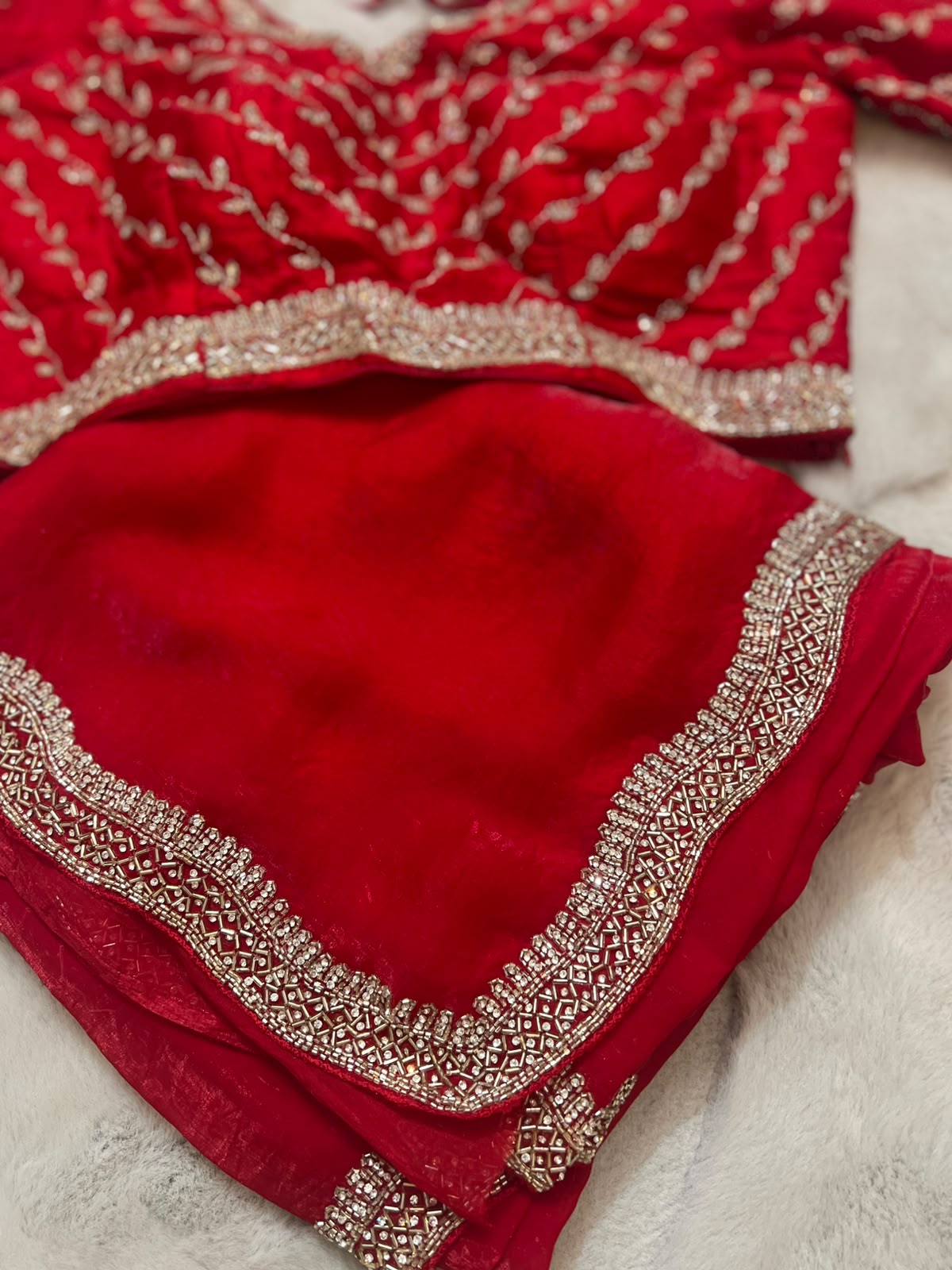 Beautiful Red Color Fendy Tissue Saree with Stitched Blouse (Free Size Till 40)