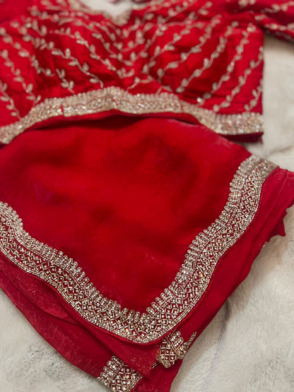 Beautiful Red Color Fendy Tissue Saree with Stitched Blouse (Free Size Till 40)