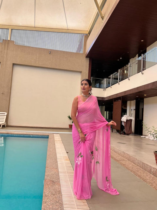 Beautiful Baby Pink Color Flowe Pearl Work Saree with Blouse Piece