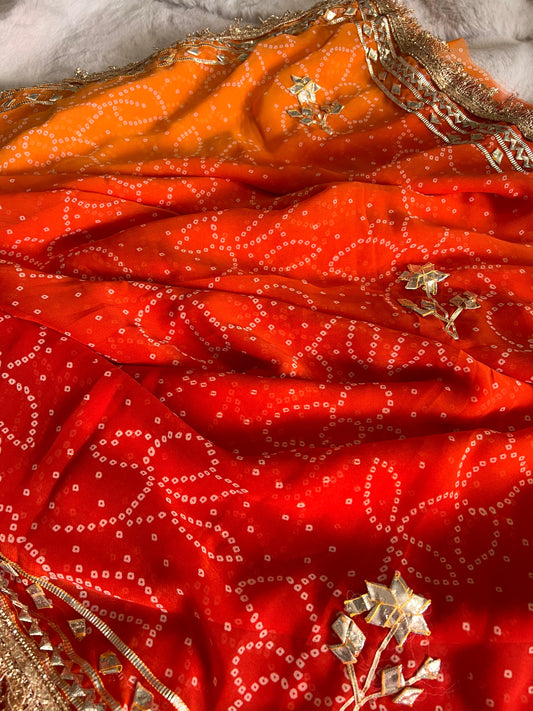 Orange Shaded Bandhini Gota Designer Saree with Running Blouse