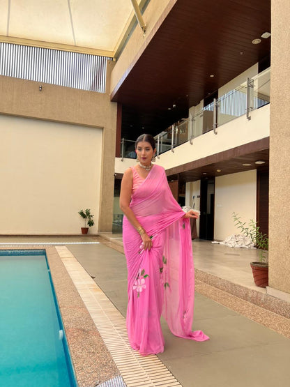 Beautiful Baby Pink Color Flowe Pearl Work Saree with Blouse Piece