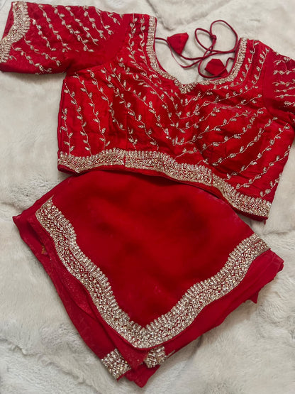Beautiful Red Color Fendy Tissue Saree with Stitched Blouse (Free Size Till 40)