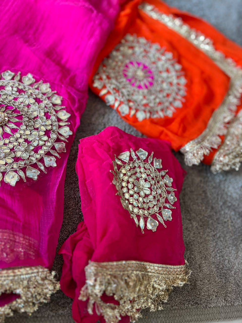 Soft Chiffon Orange to Pink Shaded Thali Designer Saree with Same Work & Fabric Blouse
