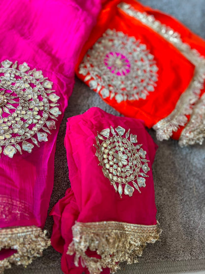 Soft Chiffon Orange to Pink Shaded Thali Designer Saree with Same Work & Fabric Blouse