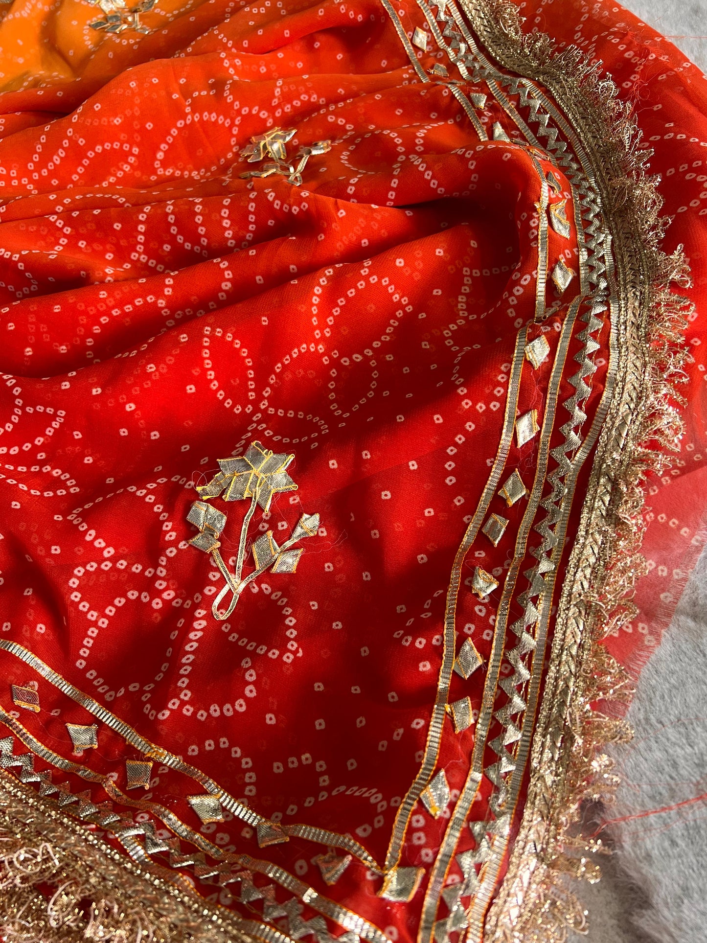 Orange Shaded Bandhini Gota Designer Saree with Running Blouse