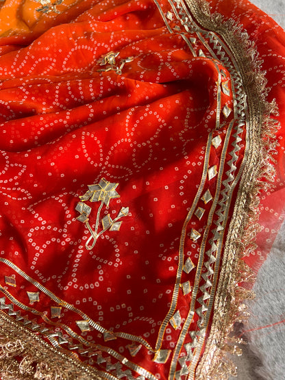 Orange Shaded Bandhini Gota Designer Saree with Running Blouse