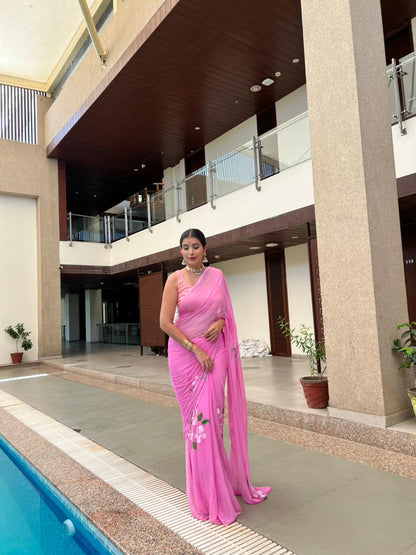 Beautiful Baby Pink Color Flowe Pearl Work Saree with Blouse Piece