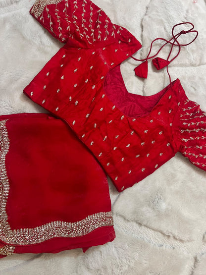 Beautiful Red Color Fendy Tissue Saree with Stitched Blouse (Free Size Till 40)