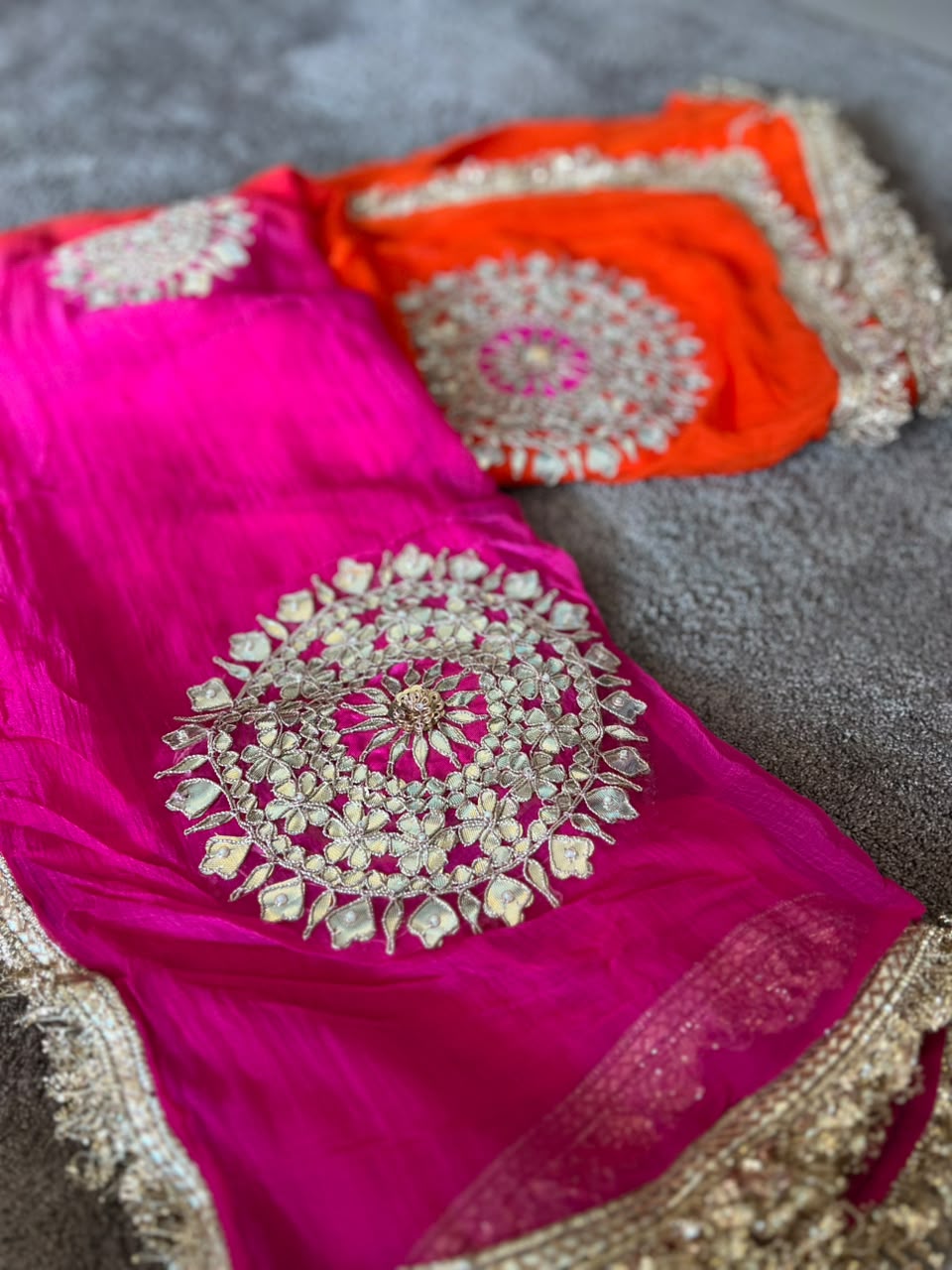 Soft Chiffon Orange to Pink Shaded Thali Designer Saree with Same Work & Fabric Blouse