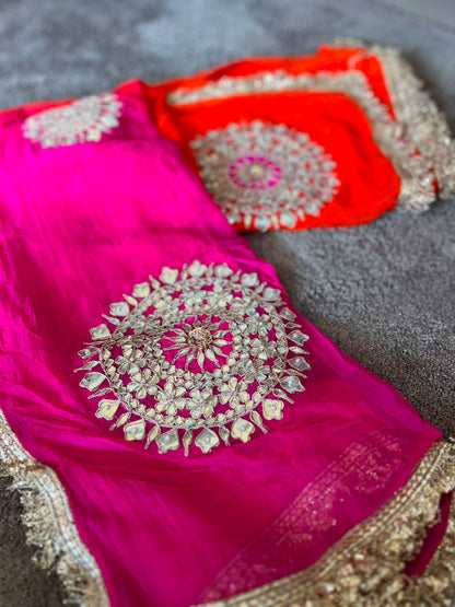 Soft Chiffon Orange to Pink Shaded Thali Designer Saree with Same Work & Fabric Blouse