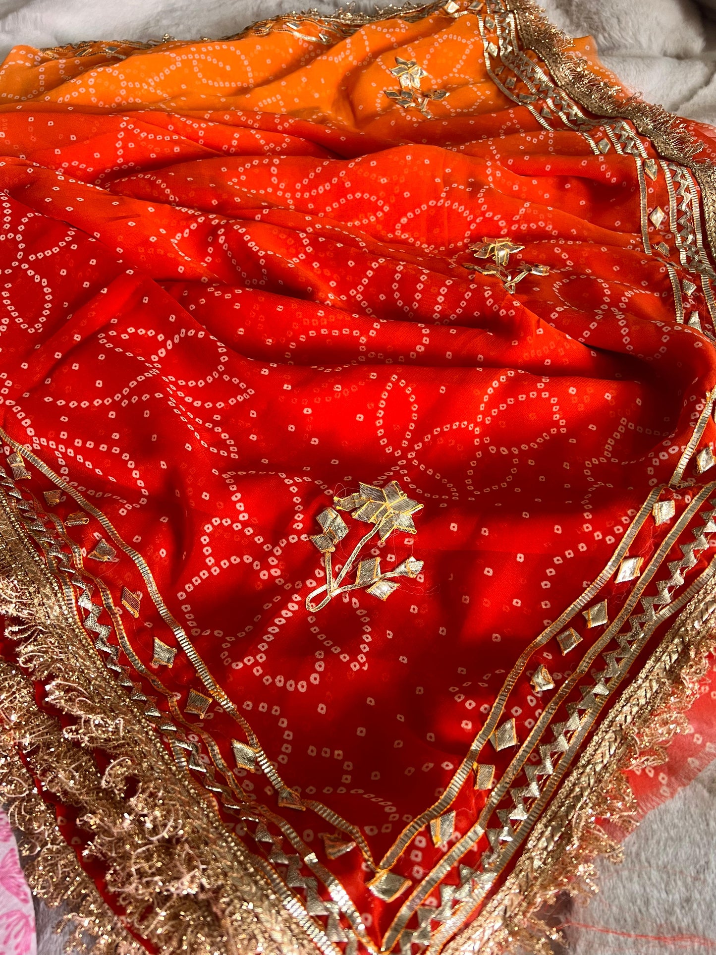 Orange Shaded Bandhini Gota Designer Saree with Running Blouse