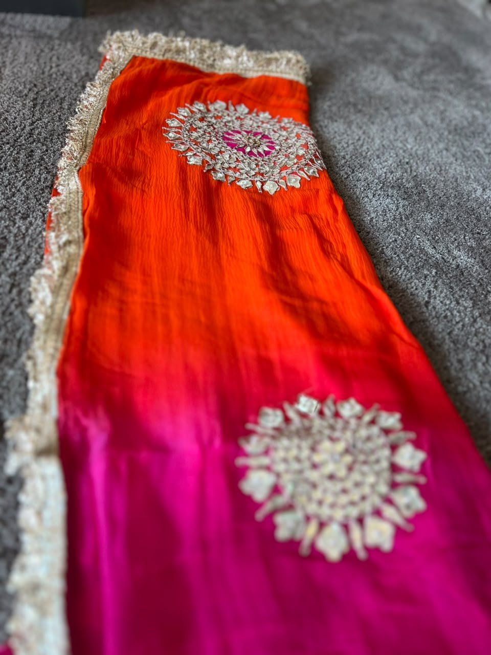 Soft Chiffon Orange to Pink Shaded Thali Designer Saree with Same Work & Fabric Blouse