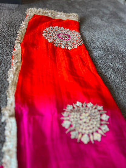 Soft Chiffon Orange to Pink Shaded Thali Designer Saree with Same Work & Fabric Blouse