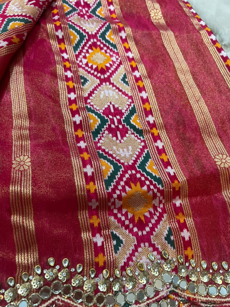 Beautiful Original Designer Patola Saree with Mirror Cut Work and Designer Stitched Mirror Work Blouse (Free Size Till 40)
