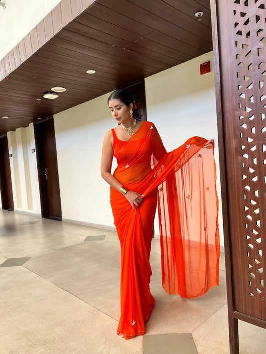Soft Chiffon Pearl Work (Teen Patti Buti Design) Orange Saree with same Fabric Blouse Piece