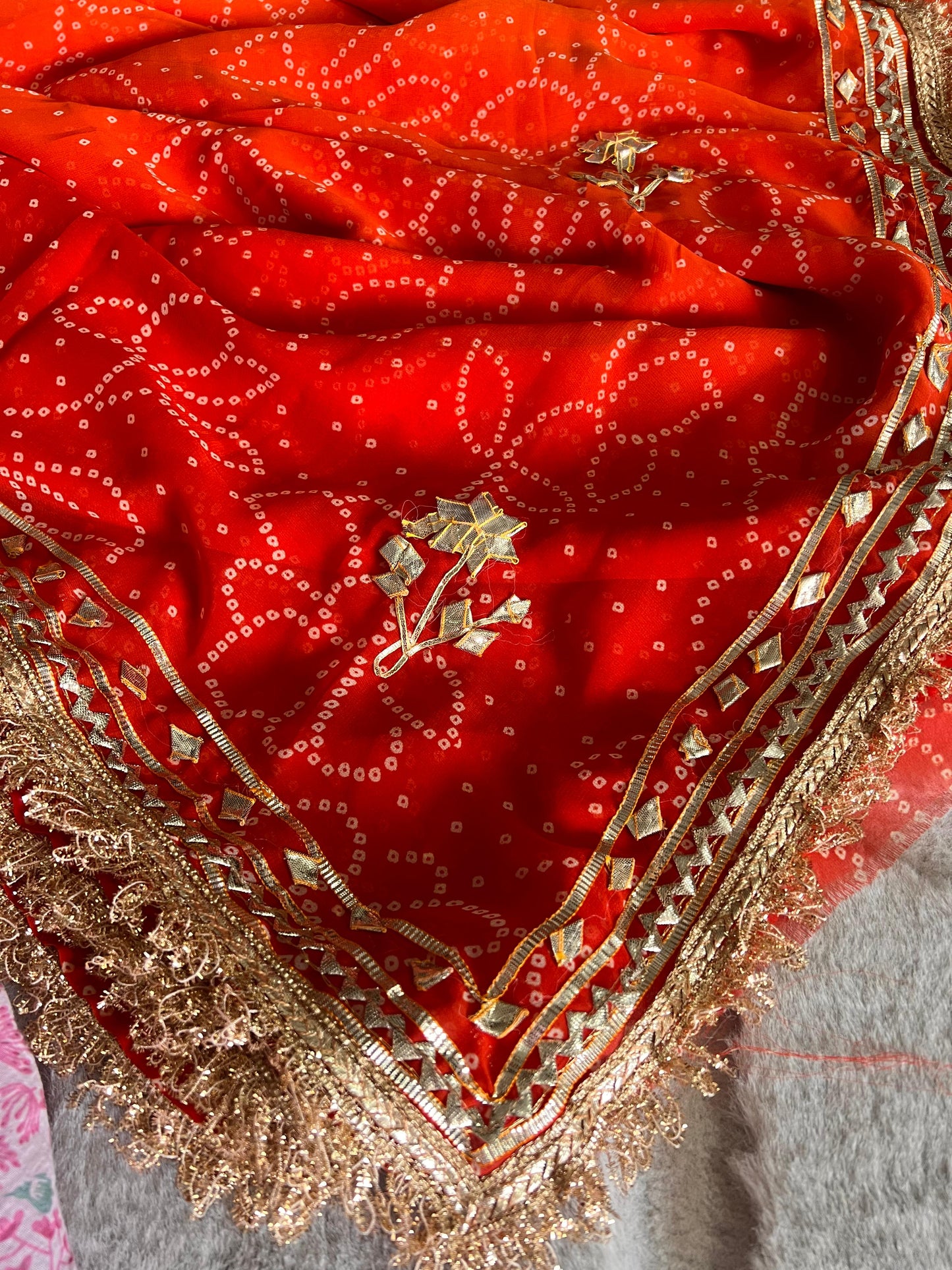 Orange Shaded Bandhini Gota Designer Saree with Running Blouse