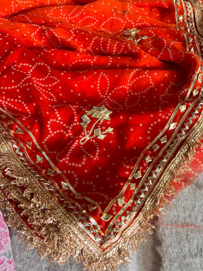 Orange Shaded Bandhini Gota Designer Saree with Running Blouse