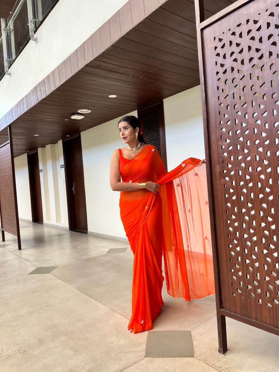 Soft Chiffon Pearl Work (Teen Patti Buti Design) Orange Saree with same Fabric Blouse Piece
