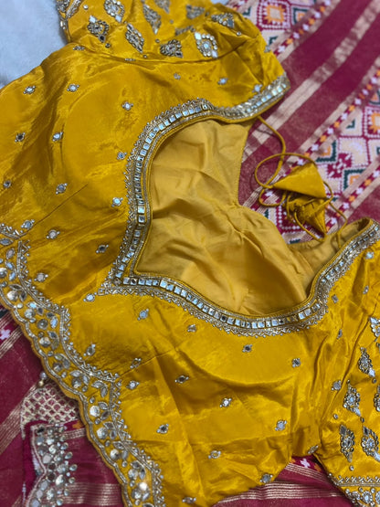 Beautiful Original Designer Patola Saree with Mirror Cut Work and Designer Stitched Mirror Work Blouse (Free Size Till 40)