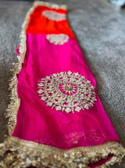 Soft Chiffon Orange to Pink Shaded Thali Designer Saree with Same Work & Fabric Blouse