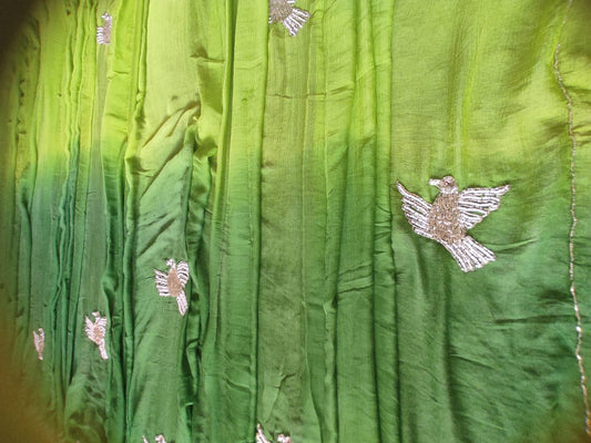 Beautiful Green Shaded Bird Design Chiffon Saree with Blouse Piece