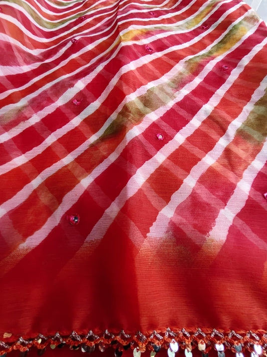 Beautiful Lahariya Mirror Work Saree with Blouse Piece
