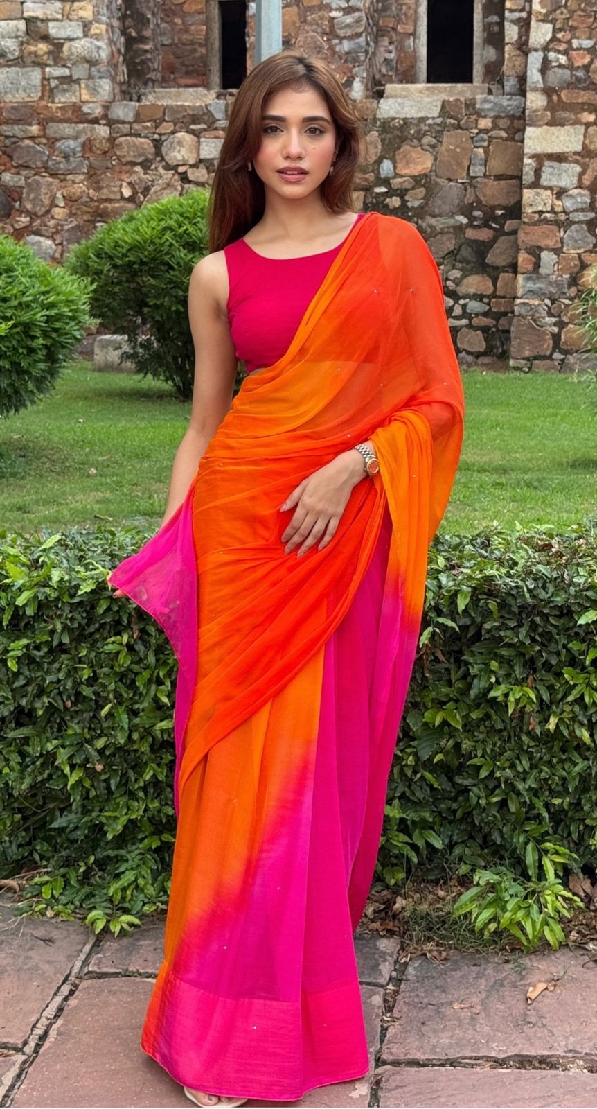 Pink Orange Shaded Pure Diamond Chiffon Saree with Mukesh Work and Same Fabric Blouse Piece