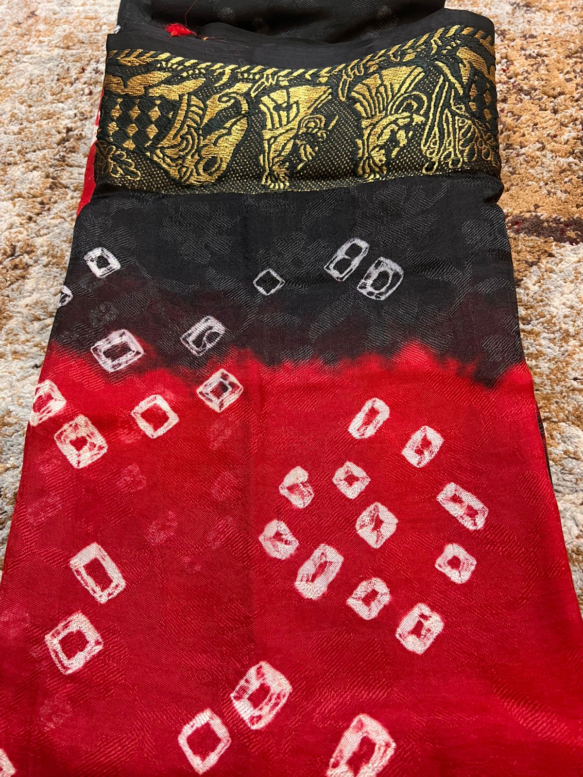 Soft Cotton Bandhini Saree Red and Black with Barat Zari Border and Running Blouse