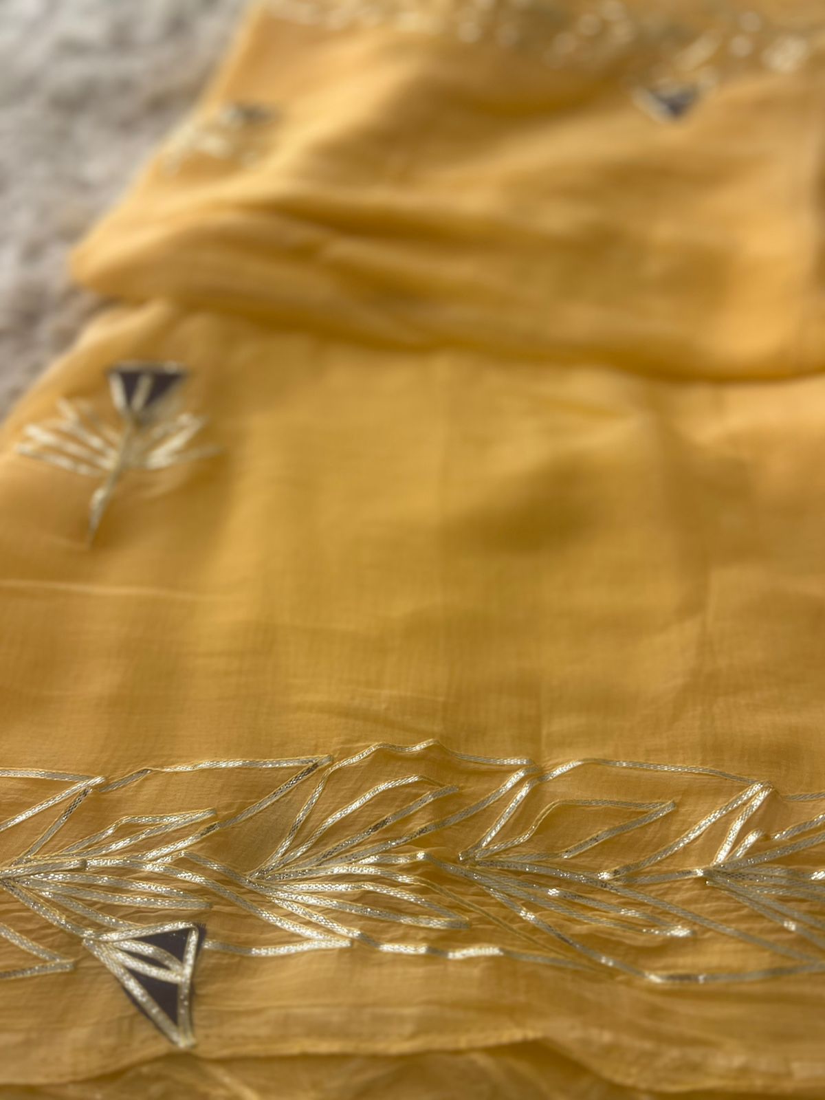 Peach Beige Gota Work Chiffon Saree with Bottle Green Blouse Piece