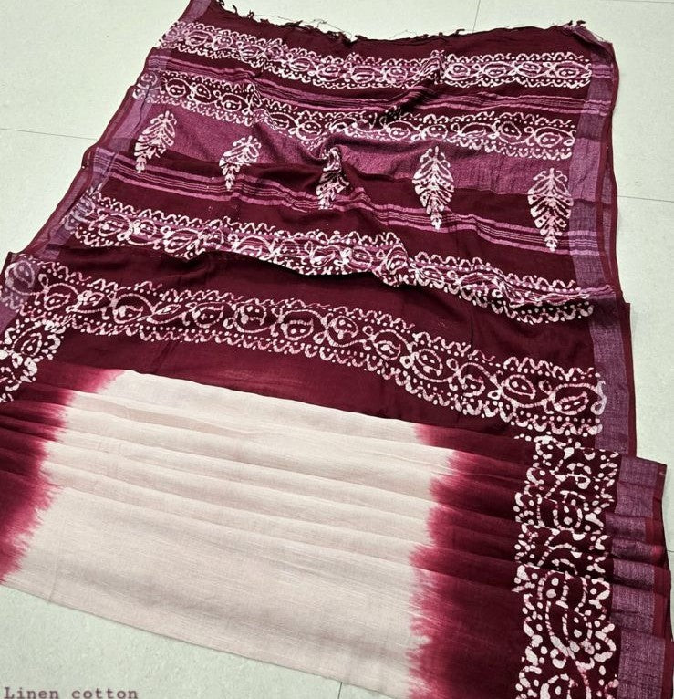 Beautiful White and Pink Color Linen Cotton Saree