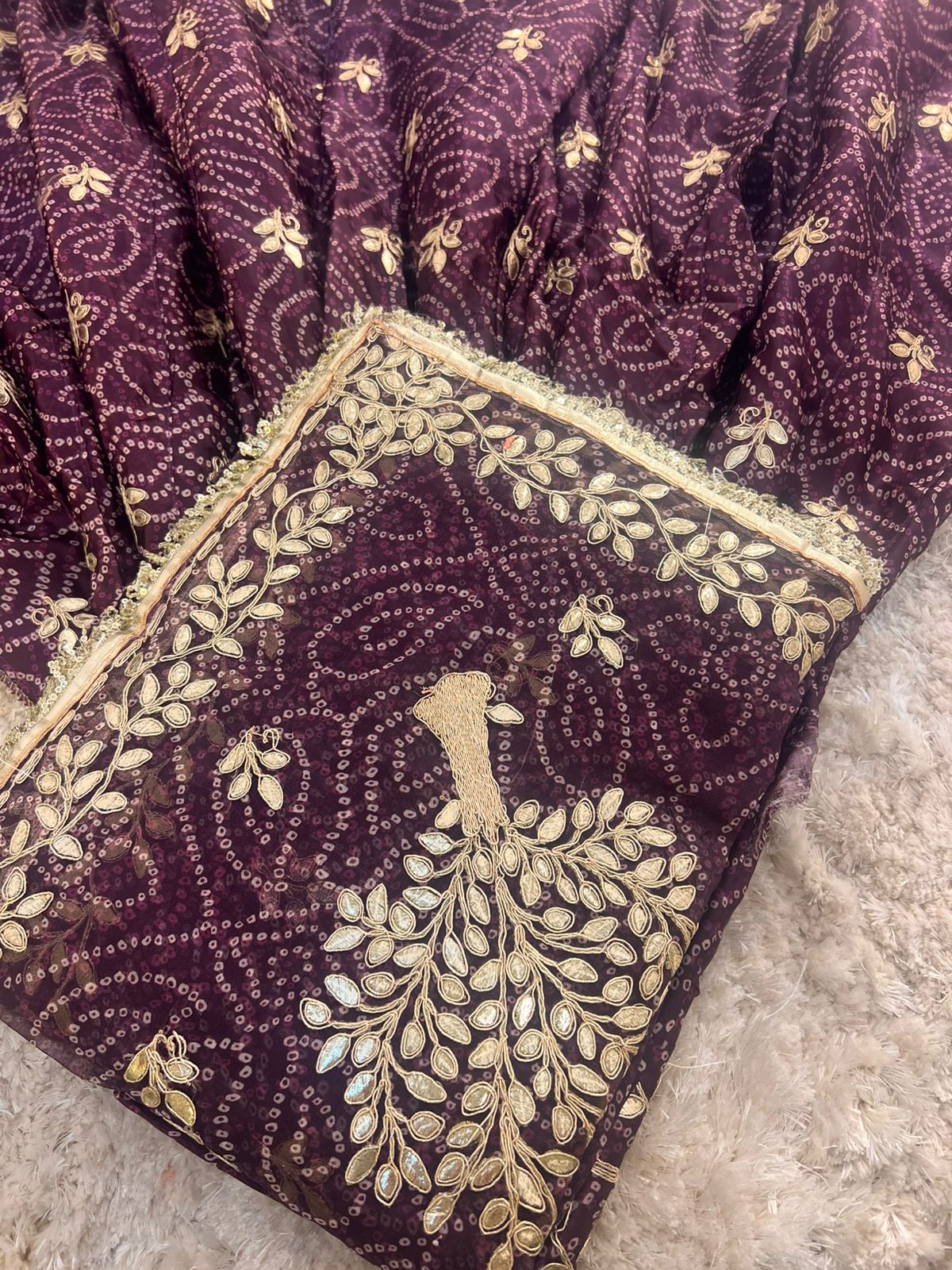 Bandhini with Gota Patti Work Full Ghera Purple Poshak (Unstitched)