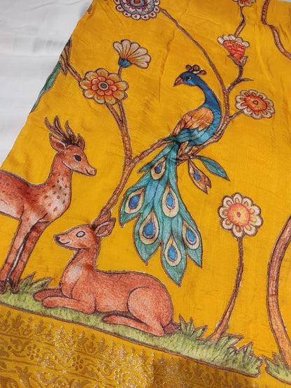 Beautiful Musturd Yellow Color Peacock Design Saree with Blouse Piece