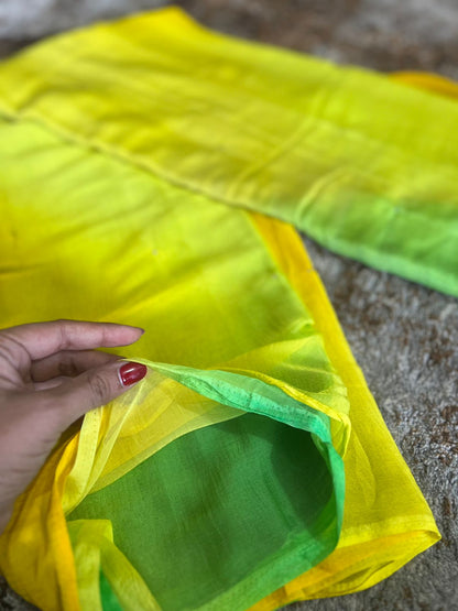 Yellow Green Shaded Chiffon Mukesh Work Saree