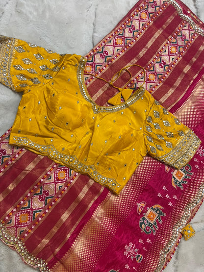 Beautiful Original Designer Patola Saree with Mirror Cut Work and Designer Stitched Mirror Work Blouse (Free Size Till 40)