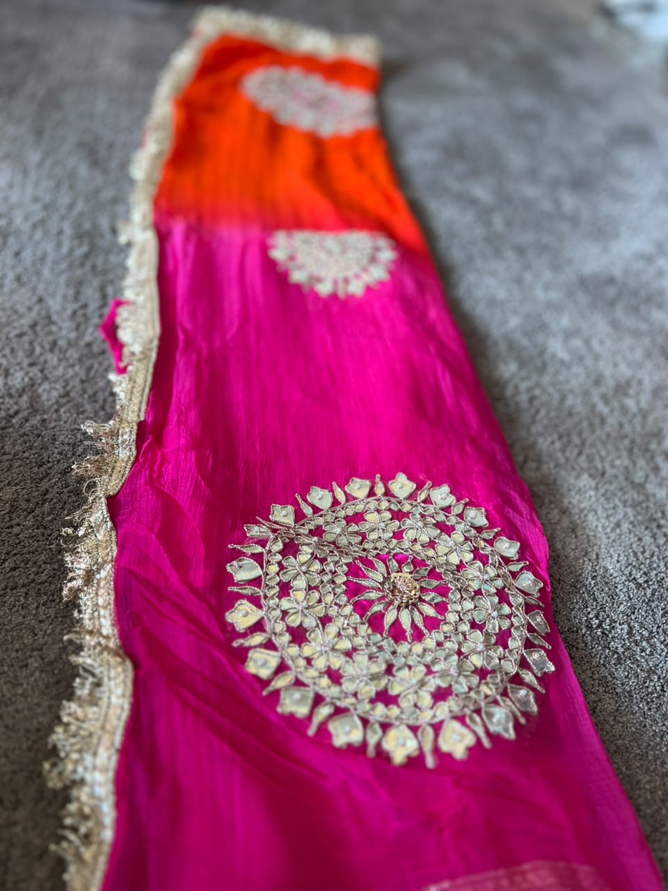 Soft Chiffon Orange to Pink Shaded Thali Designer Saree with Same Work & Fabric Blouse