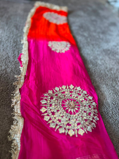 Soft Chiffon Orange to Pink Shaded Thali Designer Saree with Same Work & Fabric Blouse