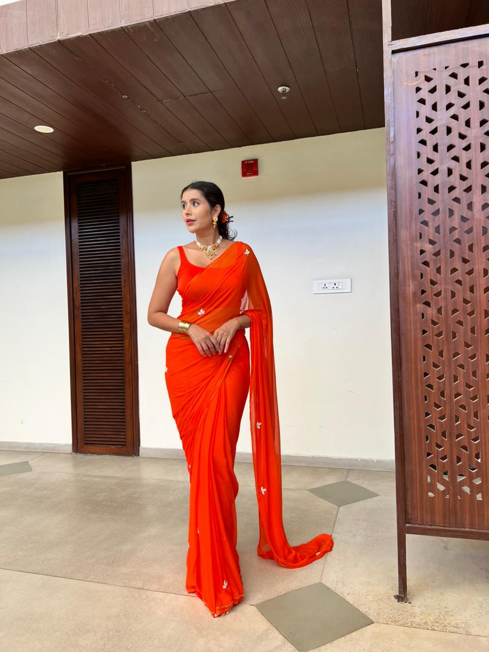 Soft Chiffon Pearl Work (Teen Patti Buti Design) Orange Saree with same Fabric Blouse Piece