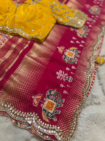 Beautiful Original Designer Patola Saree with Mirror Cut Work and Designer Stitched Mirror Work Blouse (Free Size Till 40)