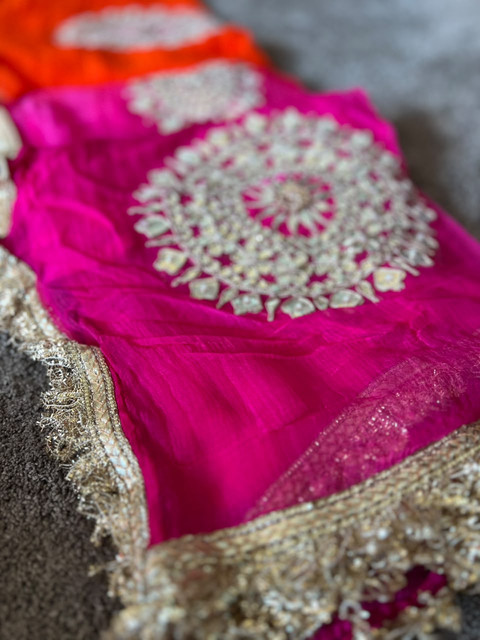 Soft Chiffon Orange to Pink Shaded Thali Designer Saree with Same Work & Fabric Blouse