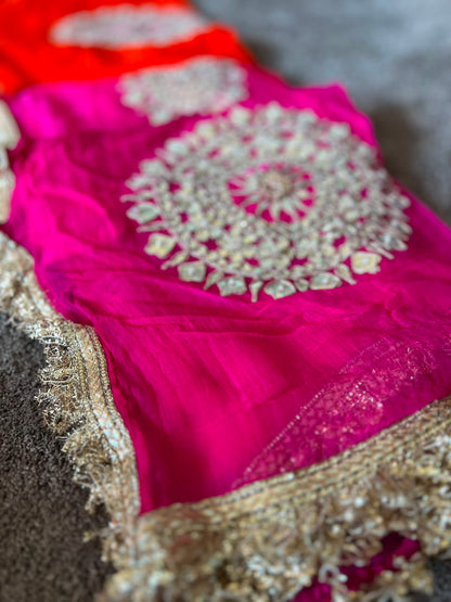 Soft Chiffon Orange to Pink Shaded Thali Designer Saree with Same Work & Fabric Blouse