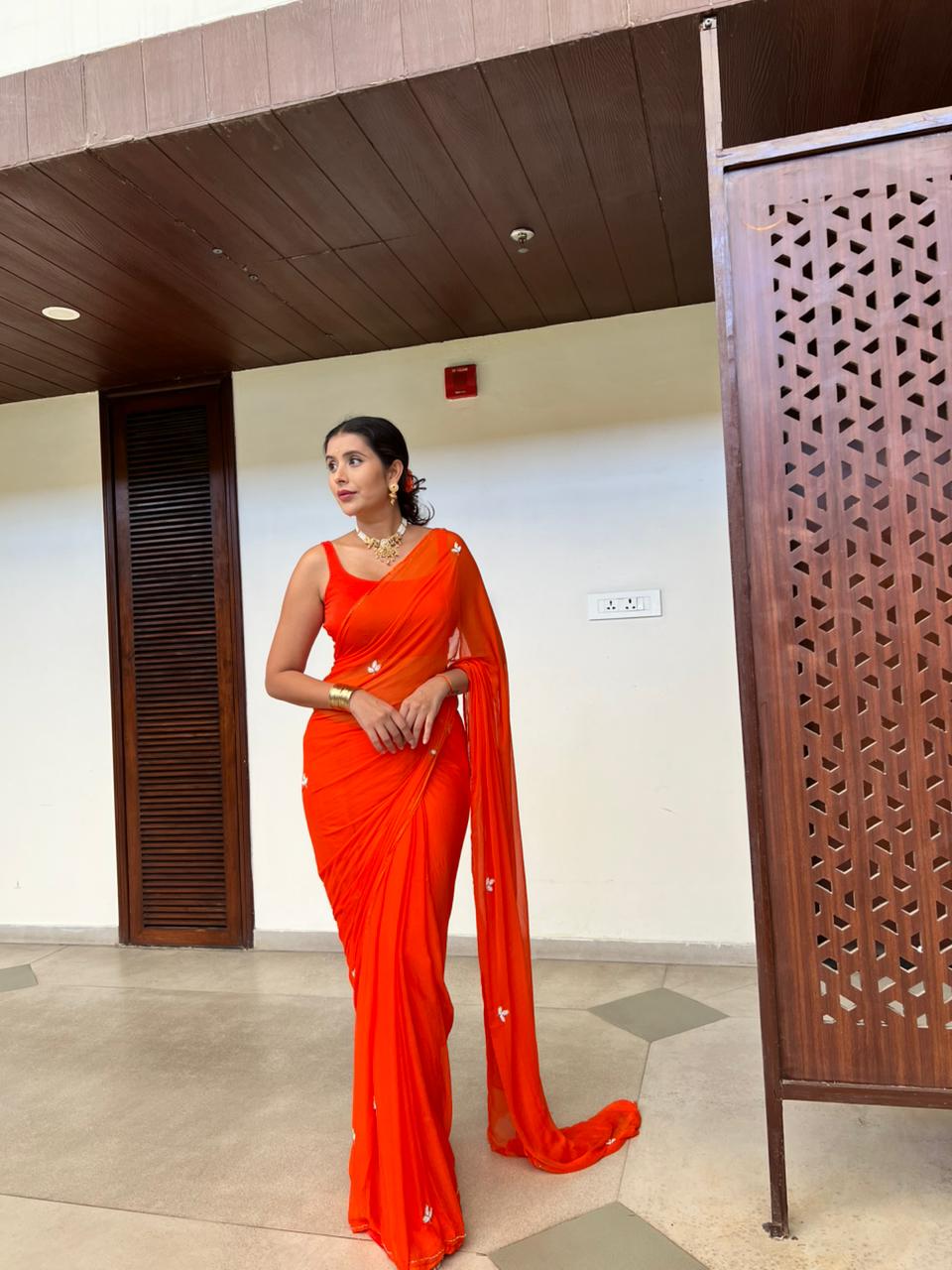 Soft Chiffon Pearl Work (Teen Patti Buti Design) Orange Saree with same Fabric Blouse Piece