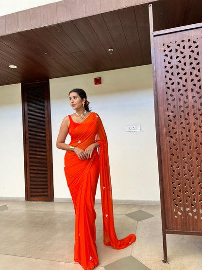 Soft Chiffon Pearl Work (Teen Patti Buti Design) Orange Saree with same Fabric Blouse Piece