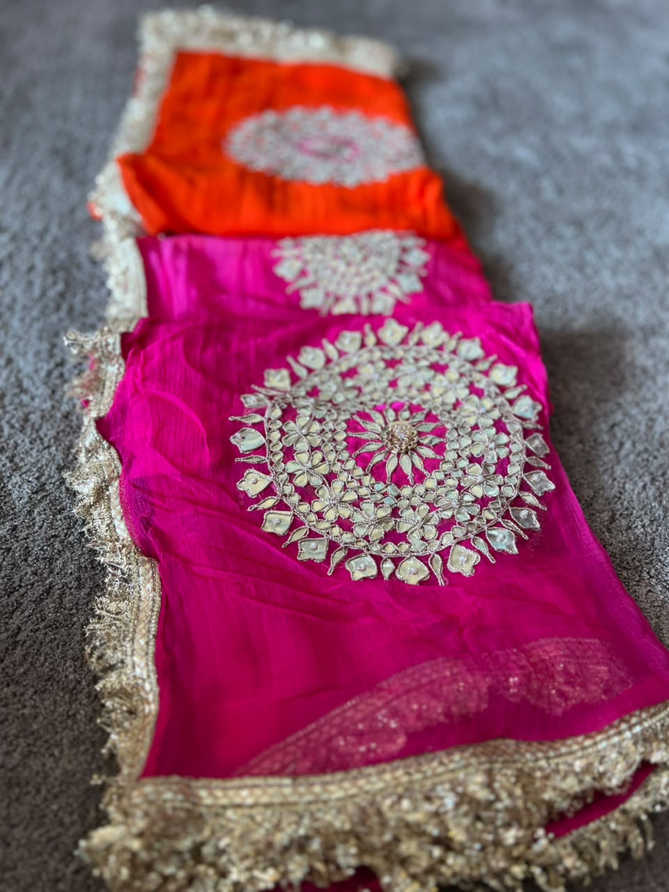 Soft Chiffon Orange to Pink Shaded Thali Designer Saree with Same Work & Fabric Blouse