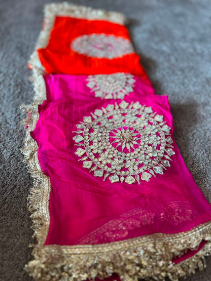 Soft Chiffon Orange to Pink Shaded Thali Designer Saree with Same Work & Fabric Blouse