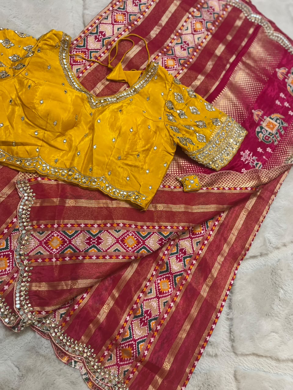 Beautiful Original Designer Patola Saree with Mirror Cut Work and Designer Stitched Mirror Work Blouse (Free Size Till 40)