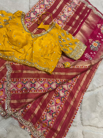 Beautiful Original Designer Patola Saree with Mirror Cut Work and Designer Stitched Mirror Work Blouse (Free Size Till 40)