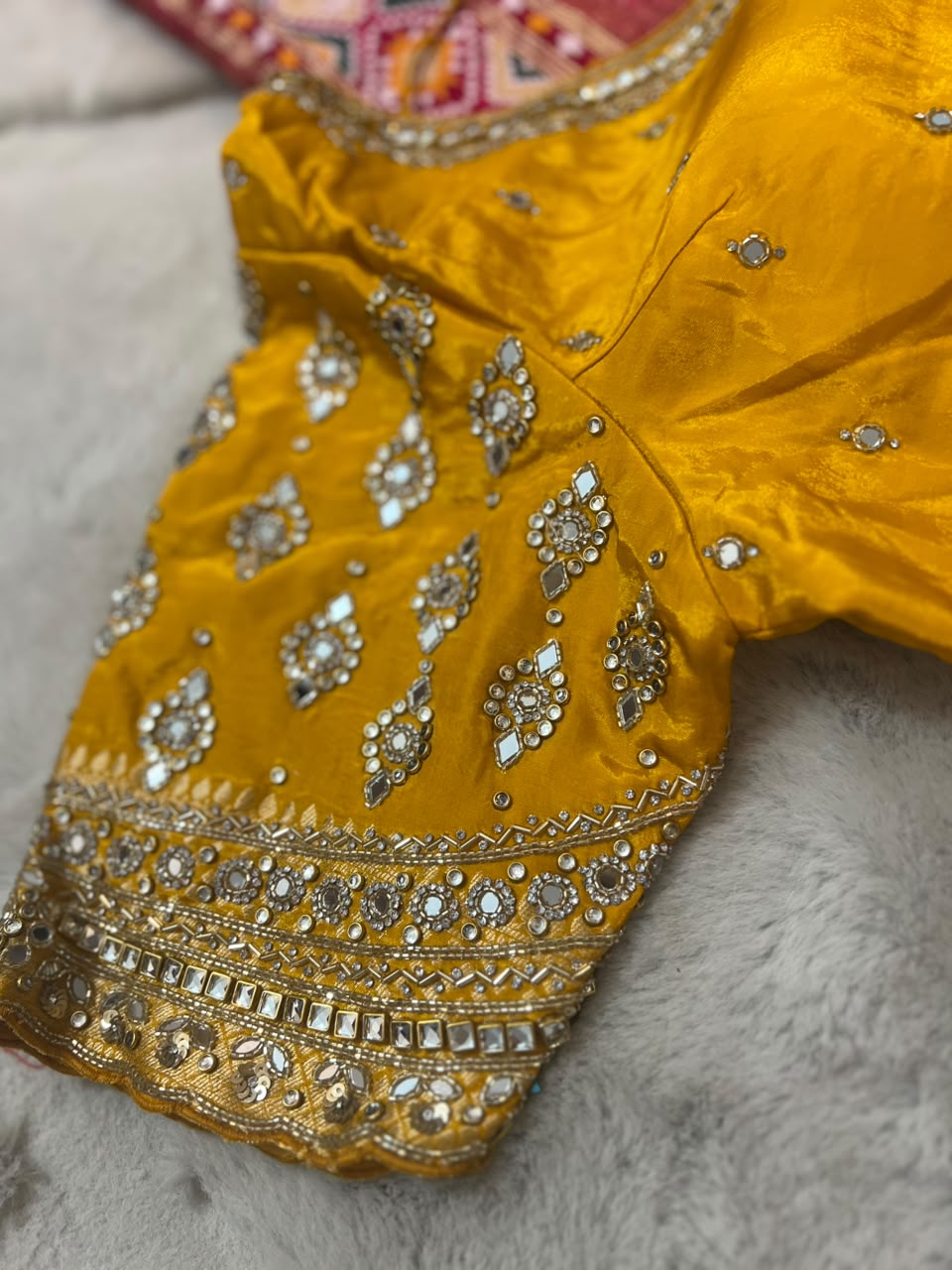 Beautiful Original Designer Patola Saree with Mirror Cut Work and Designer Stitched Mirror Work Blouse (Free Size Till 40)