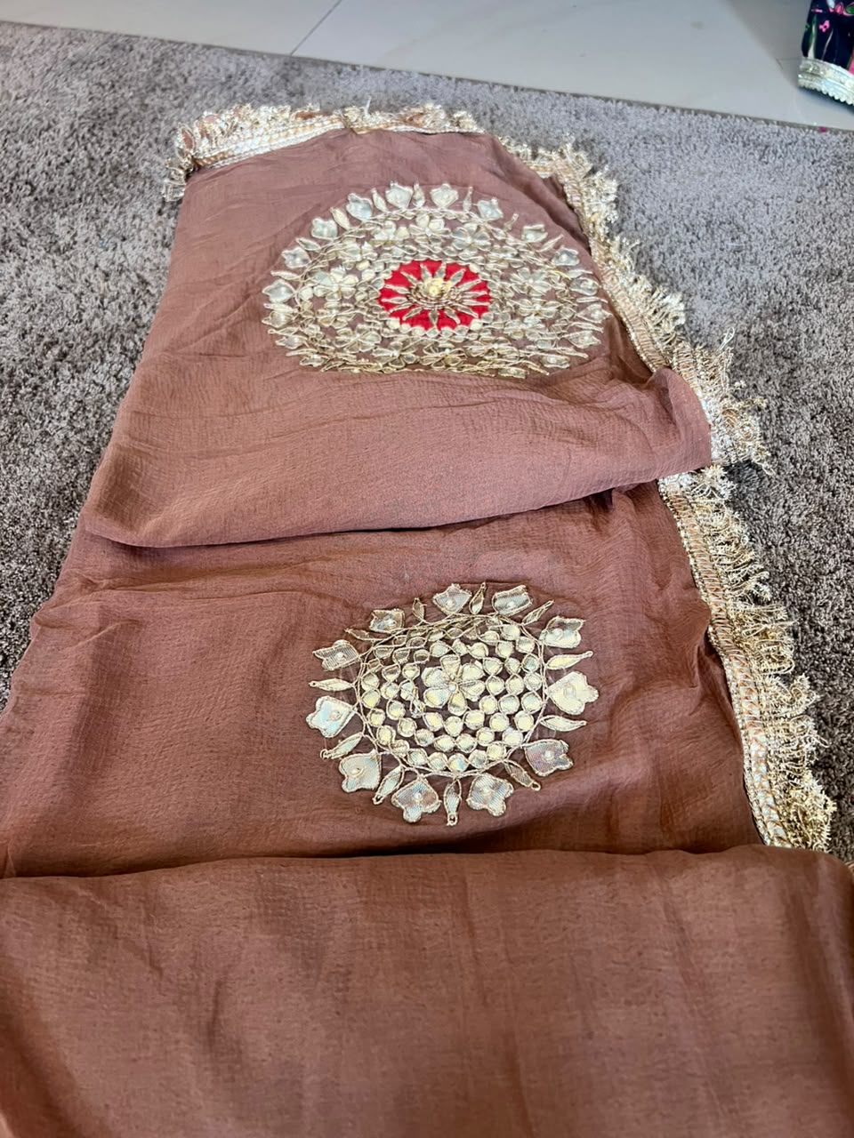 Soft Chiffon Cheeku Color Thali Designer Saree with Same Work & Fabric Blouse