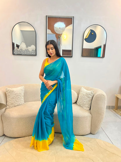 Beautiful Yellow and Sea Green Chiffon Saree with Blouse Piece
